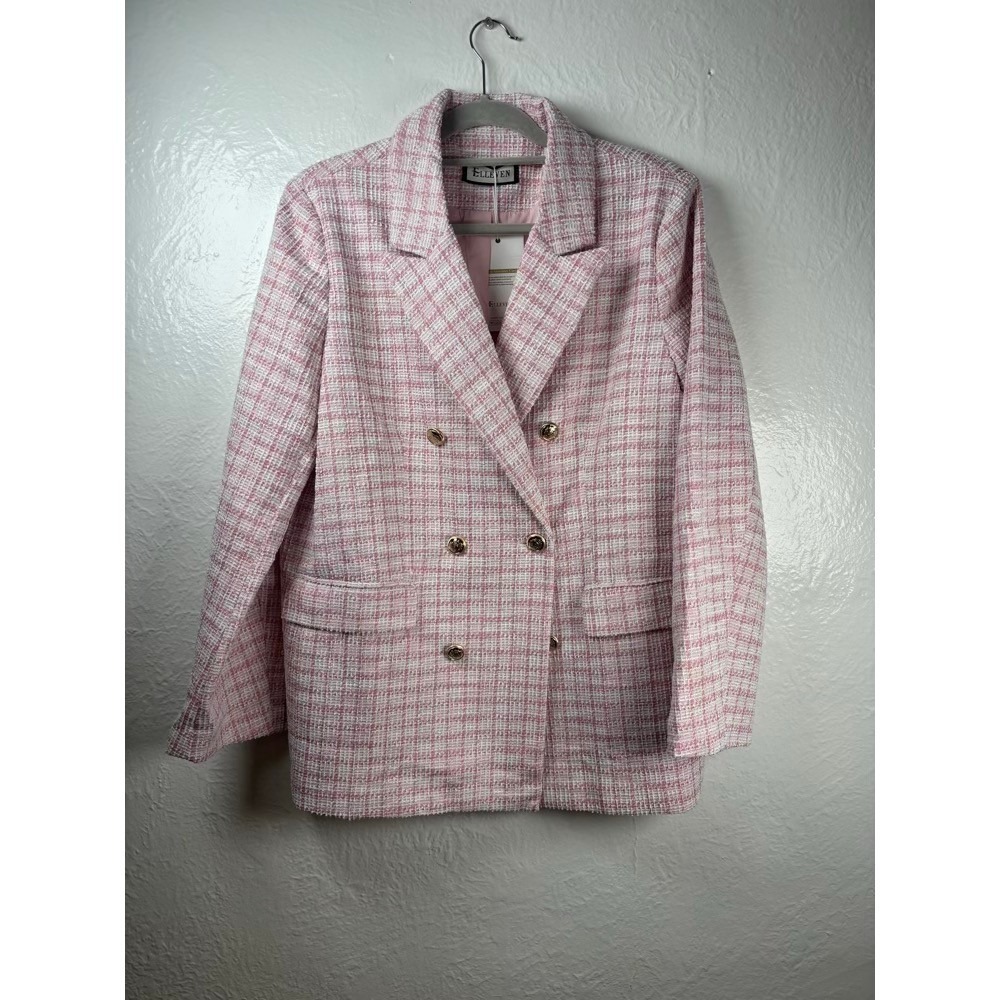 NEW Tweed Blazer Double Breasted XL Pink White Gold Button Plaid Academia Office